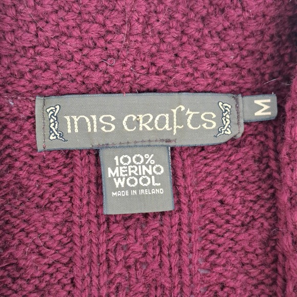 Inis Crafts Womens Sz M Merino Wool Cardigan Sweater RedCable Knit Shawl Collar - Picture 2 of 8